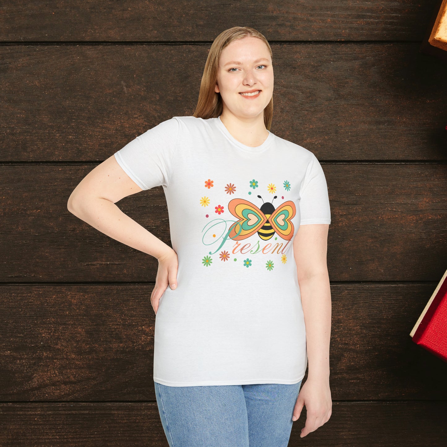 BEE Present with flowers Not Aggressive. POWERFUL™️Unisex Softstyle T-Shirt Eurofit