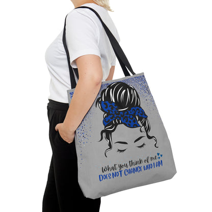 What you think of me does not change who I am, Blue. Not Aggressive. POWERFUL™️ woman Tote Bag  (AOP)