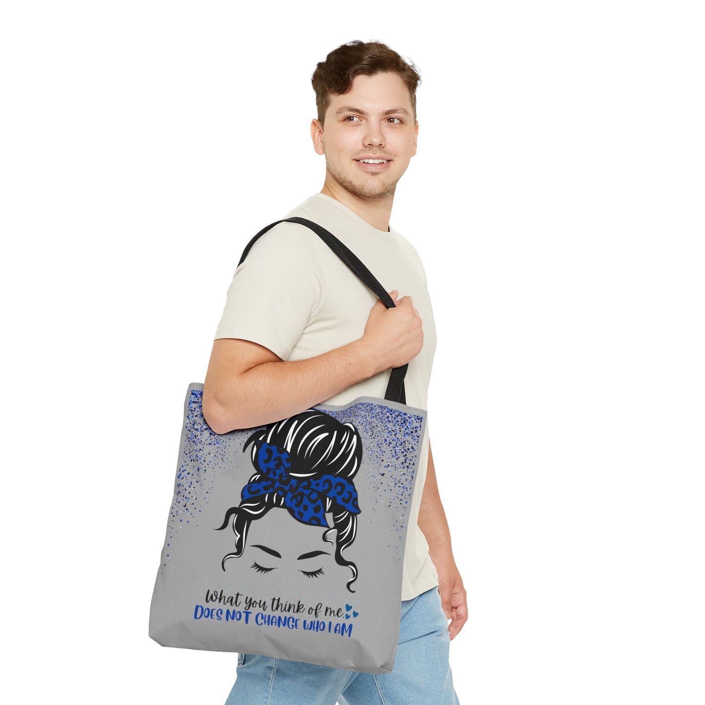 What you think of me does not change who I am, Blue. Not Aggressive. POWERFUL™️ woman Tote Bag  (AOP)